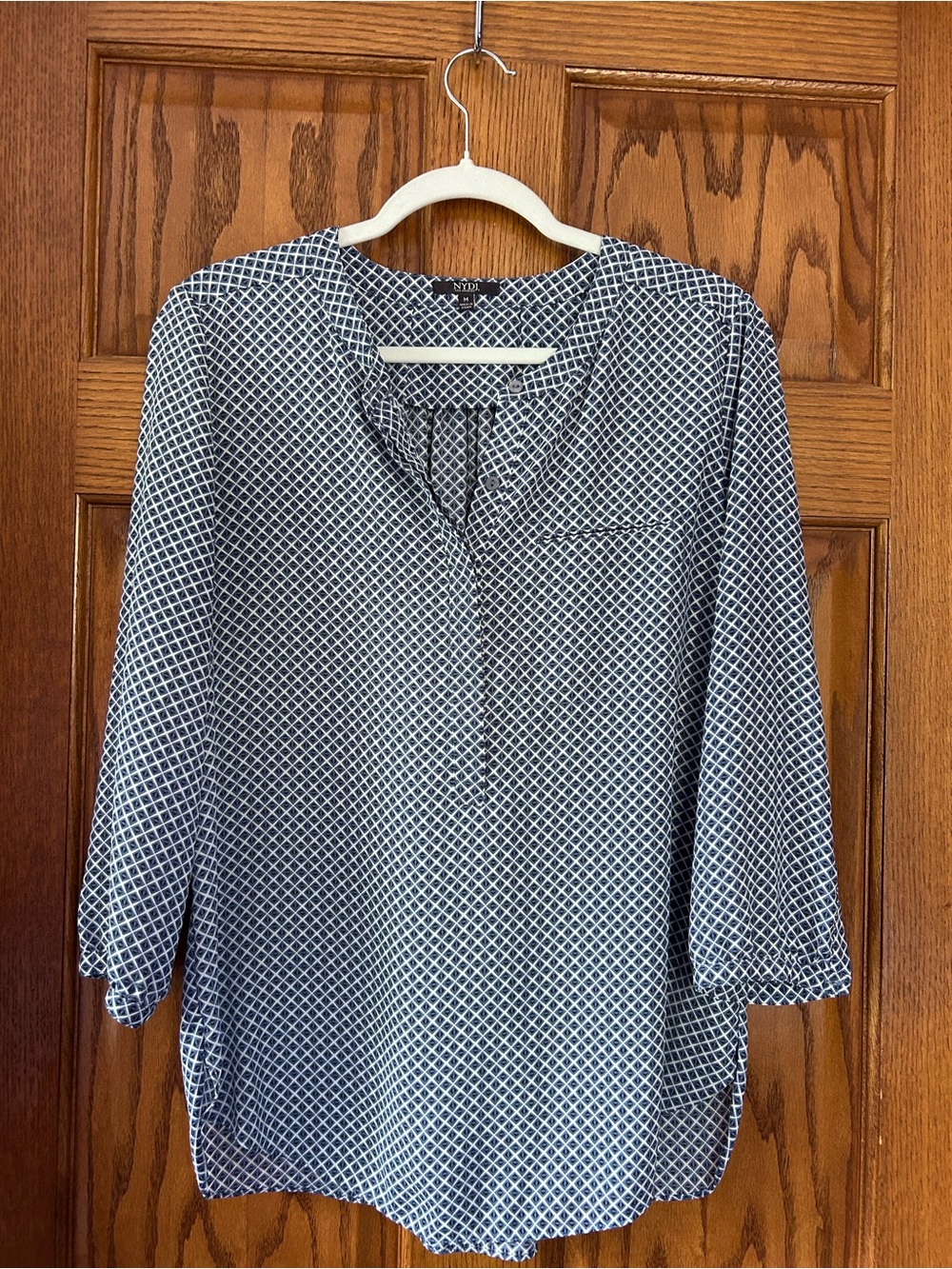 NYDJ Navy and White Geometric Split-Neck Tunic